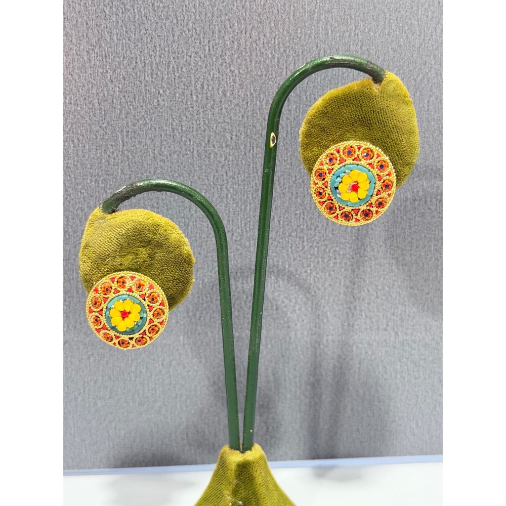 Vintage Italian Micro Mosaic Clip On Earrings Round Floral‎ Gold Tone
